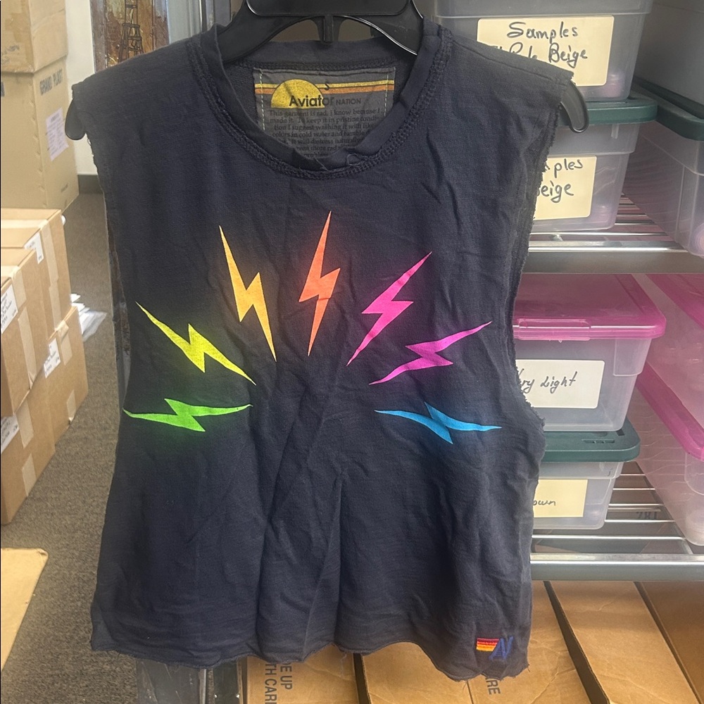 Aviator Nation unisex Tank Top S Charcoal  With Lightning Bolts New no tag